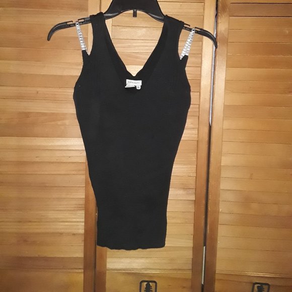 Boston Proper SZ XS Black Knit Tank Silver Rhinestone Straps - Picture 1 of 5